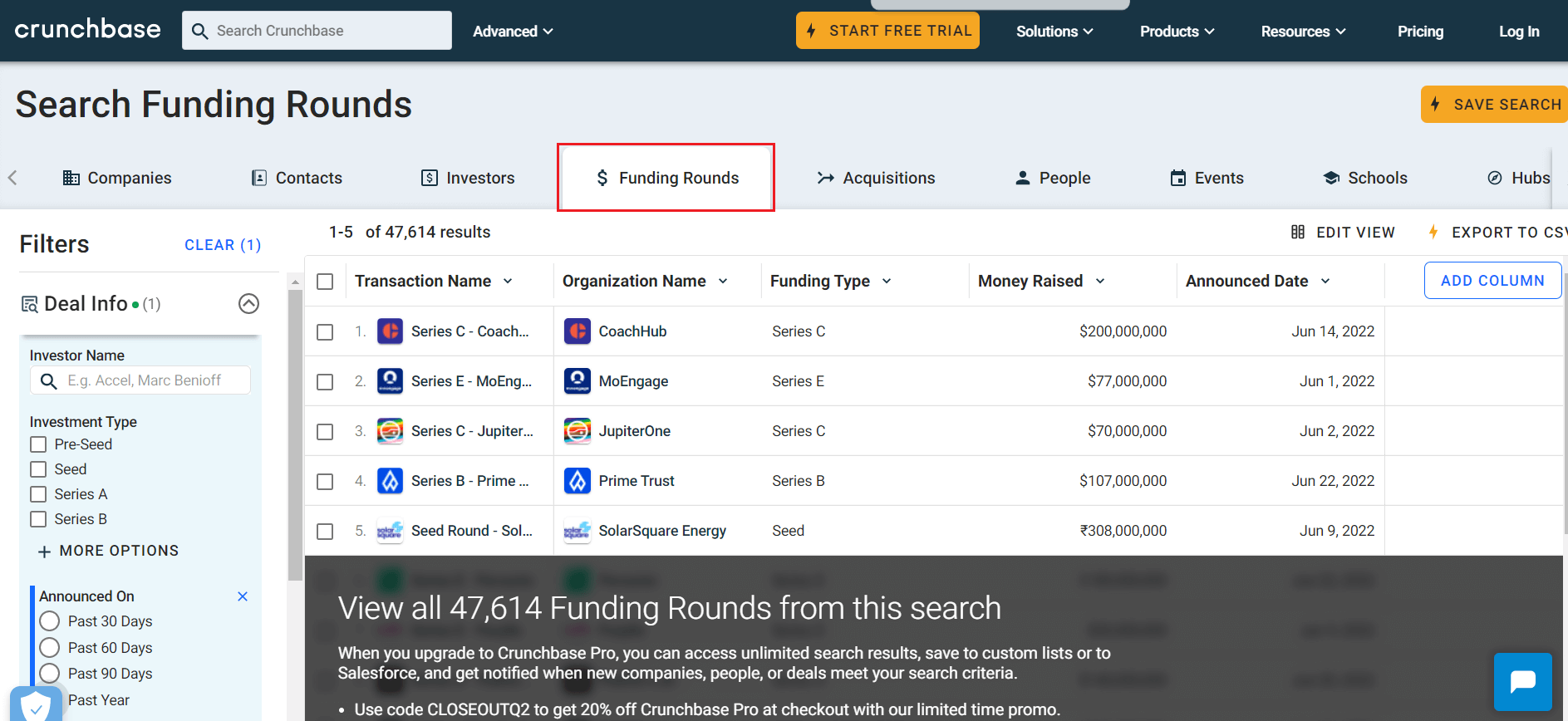 Image of Crunchbase company with funding search to find sales leads