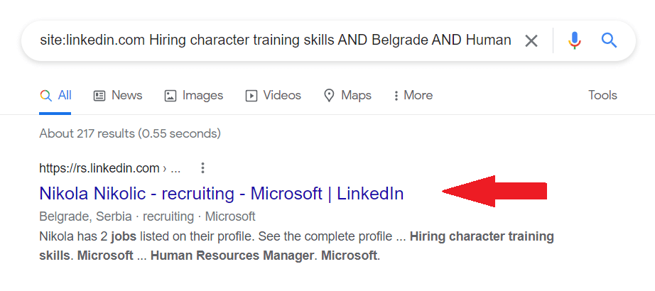 Image of LinkedIn Xray search to find outside of network profile