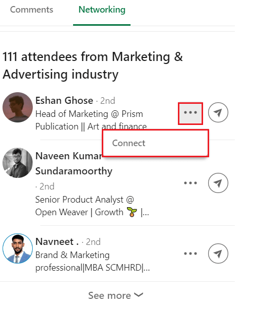 Image showing how to connect on LinkedIn with someone who attended an event using LinkedIn app