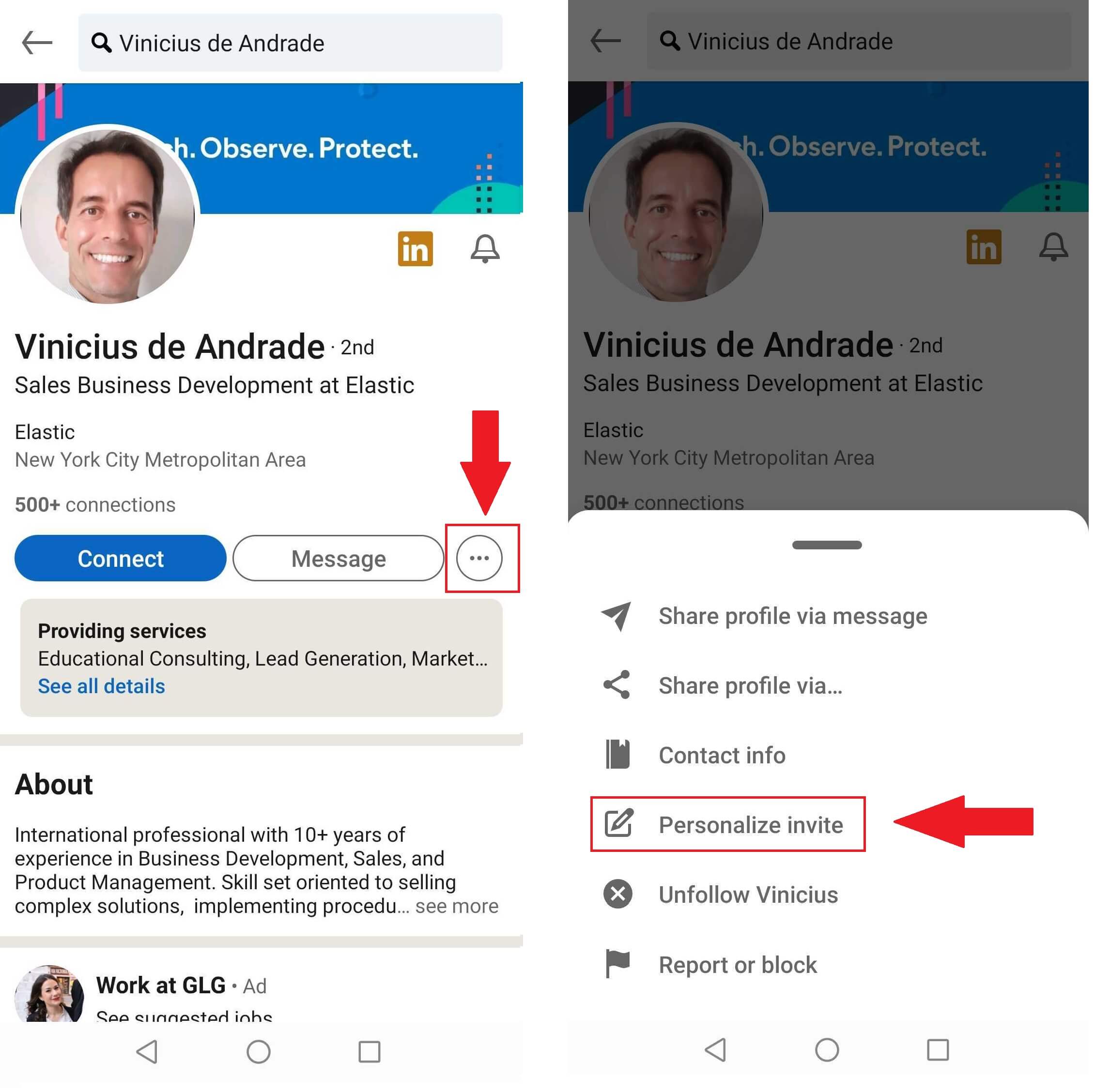 Image showing how to connect with someone on LinkedIn via their profile using LinkedIn app