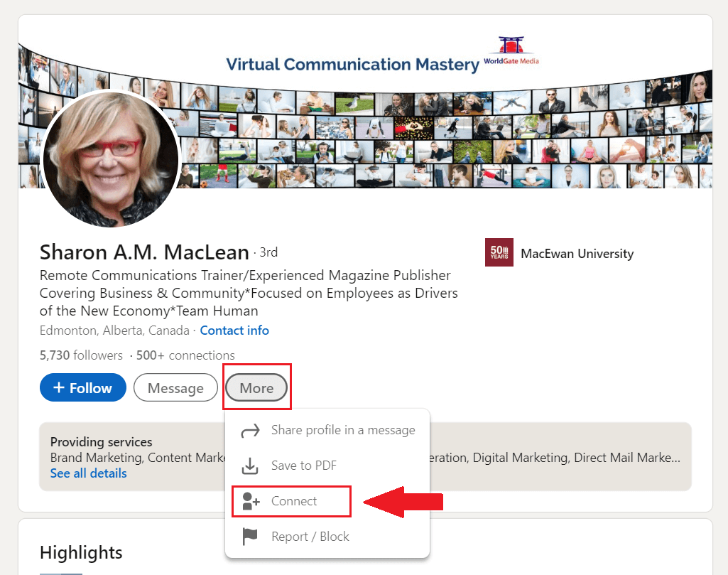 Image showing a LinkedIn profile that has no immediately visible connect button and describing how to connect with someone on LinkedIn  this way