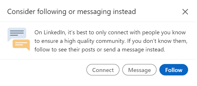Image showing LinkedIn alert if you try to connect with someone on LinkedIn if they are 3rd-degree connection