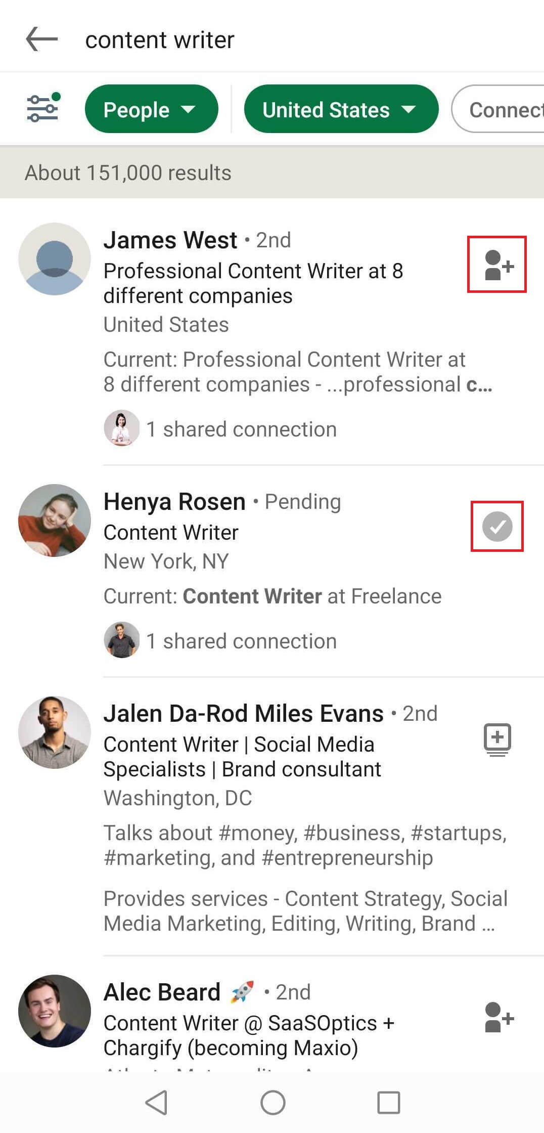 How to connect with someone on LinkedIn app via search results page