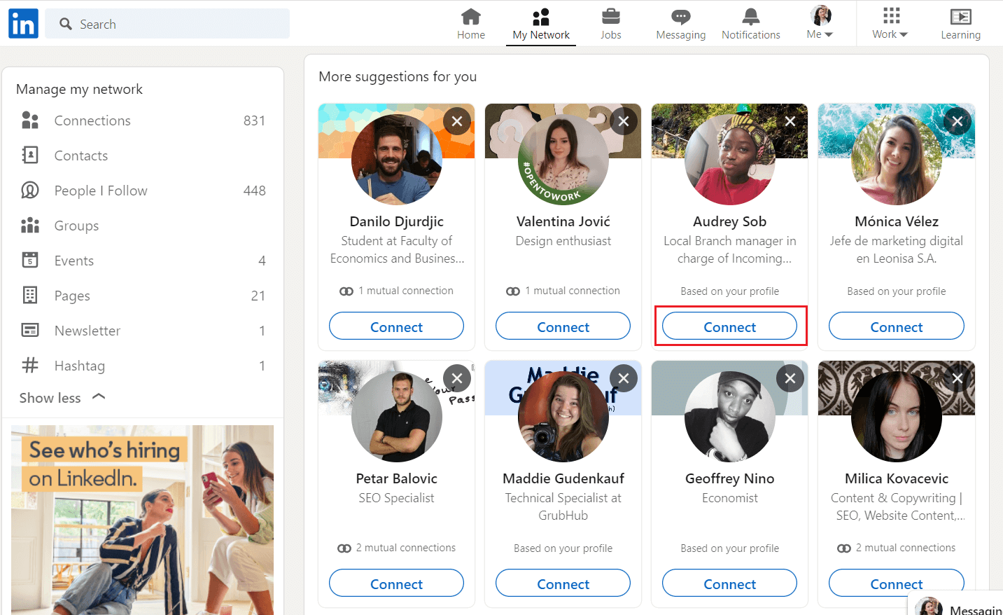 Image of how to connect with someone on LinkedIn via more suggestions option