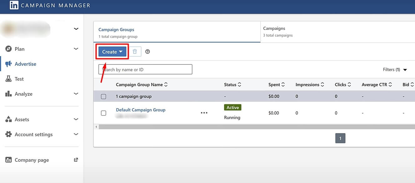 Image of how to create LinkedIn lead generation ad step 2, campaign manager Create button