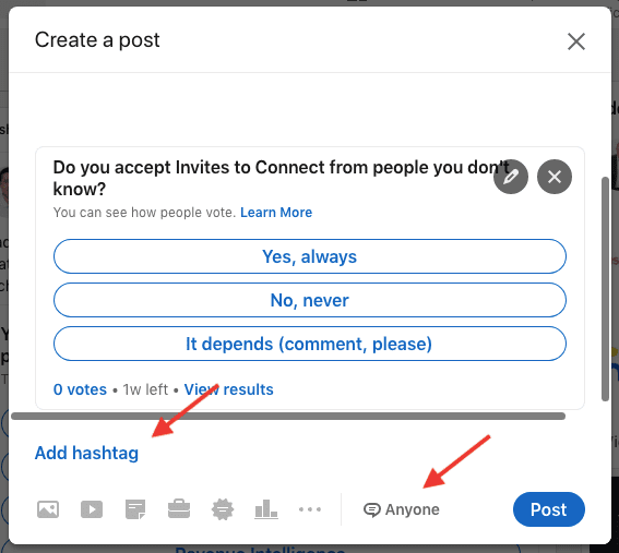 How to create LinkedIn poll, Image of privacy option and hashtag, step 5