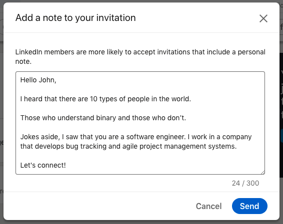 Image of example message using humor in LinkedIn outreach 