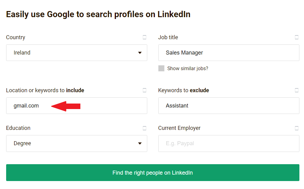 Image of how to setup LinkedIn Xray search query to find emails