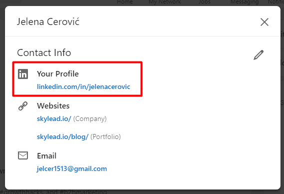 How to find LinkedIn URL option 2, Contact Info, showing where your LinkedIn profile URL is