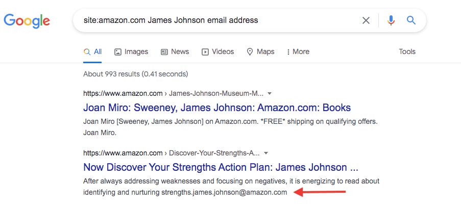 Image demonstrating how to find someone's email address using Google Search for domain and name