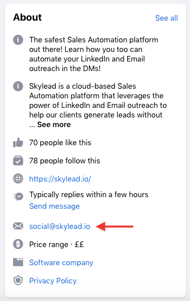 How to find someone's email address, Image of  a Facebook about section