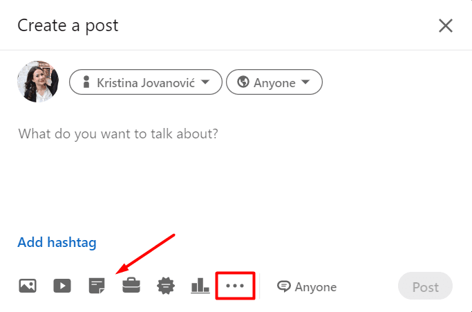 How to post on LinkedIn, image showing step 2, check select post type