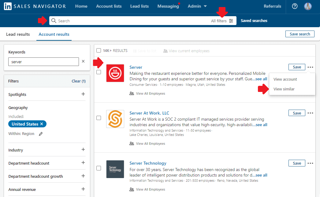 Image of Sales Navigator search to find lead companies from ideal customer profile
