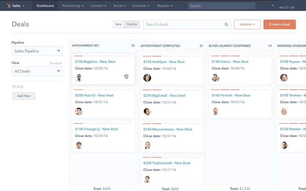 Image of Hubspot CRM pipeline, top 10 list of best CRM software for sales