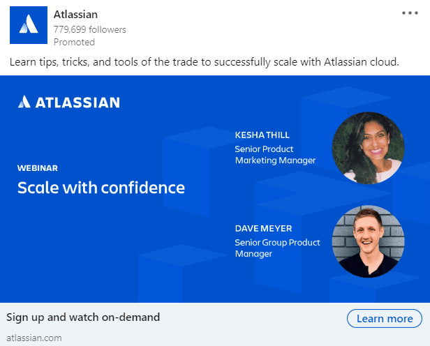 Image of LinkedIn ad example, Atlassian's webinar promotion
