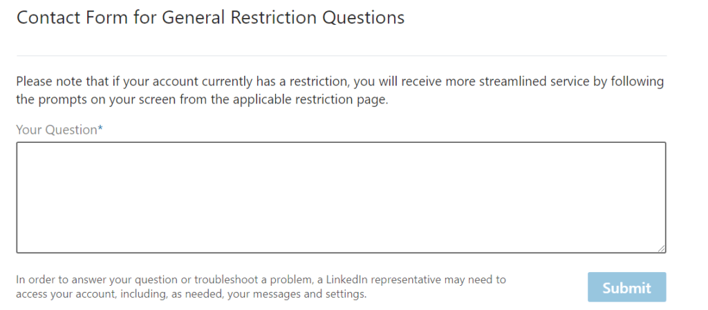 Image of LinkedIn customer support contact form for getting LinkedIn account restricted