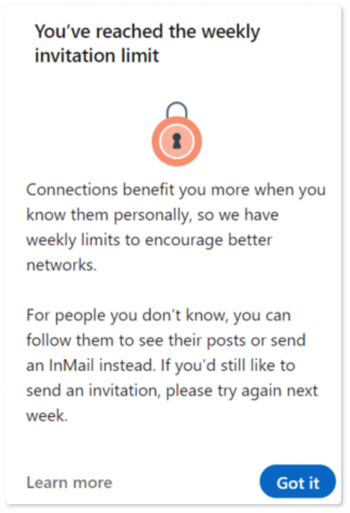 Image of LinkedIn message "You've reached LinkedIn invitation limit"