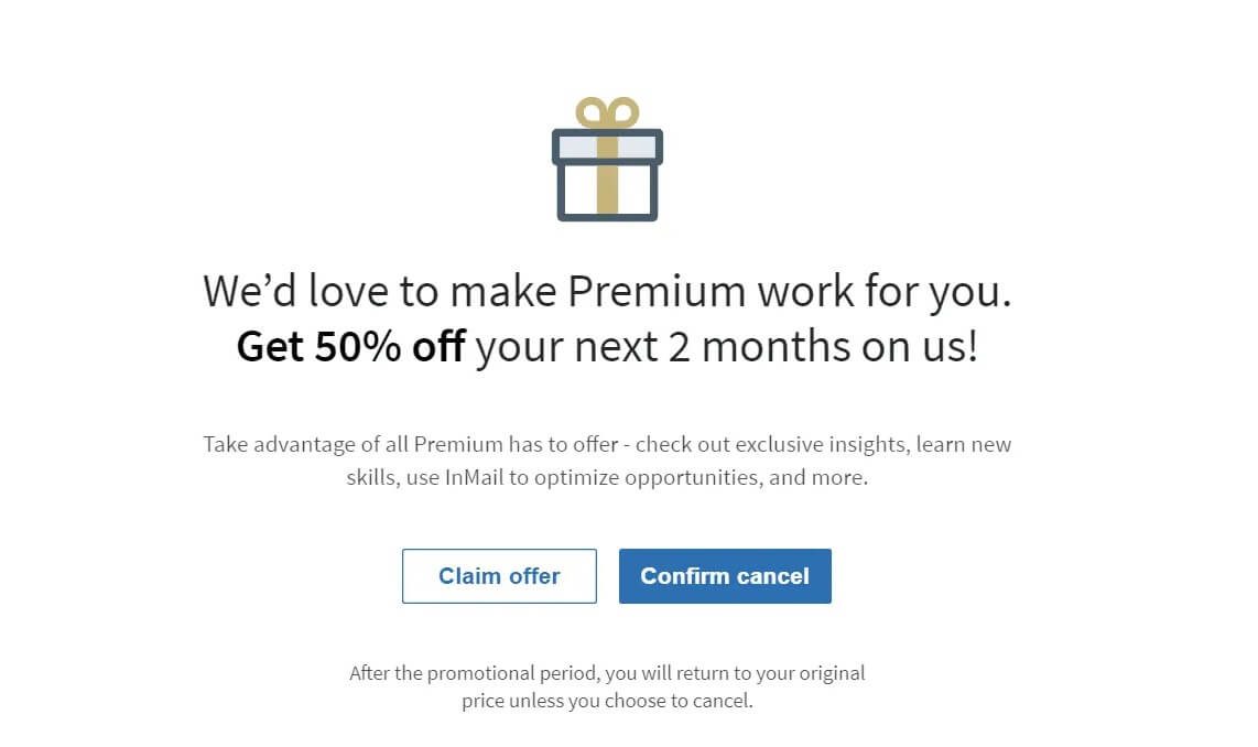 Image of LinkedIn Premium discount if you wish to cancel subscription