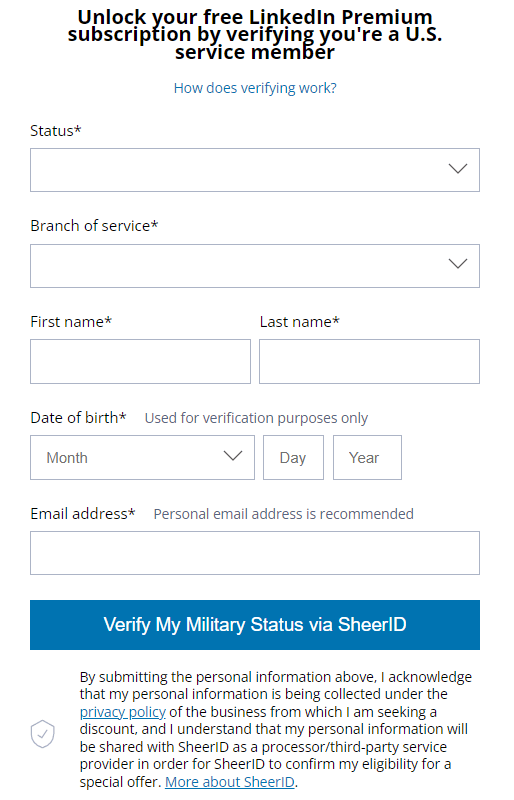 Image of form for getting LinkedIn Premium Free for veterans