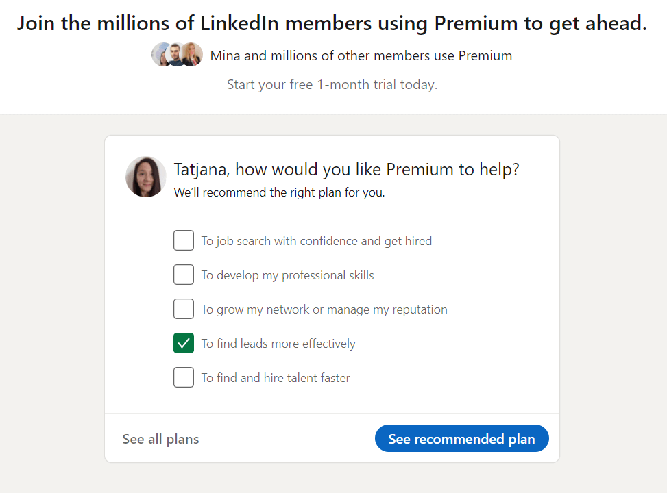 Image of questions LinkedIn asks to recommend the plan to start LinkedIn Premium free trial