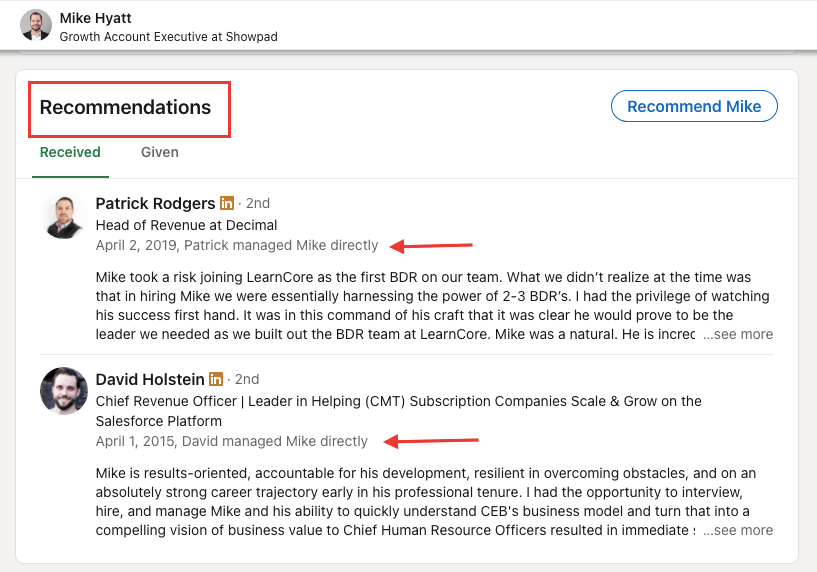Recommendations section on LinkedIn