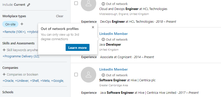 Image of Out of Network candidate profile in LinkedIn Recruiter Lite