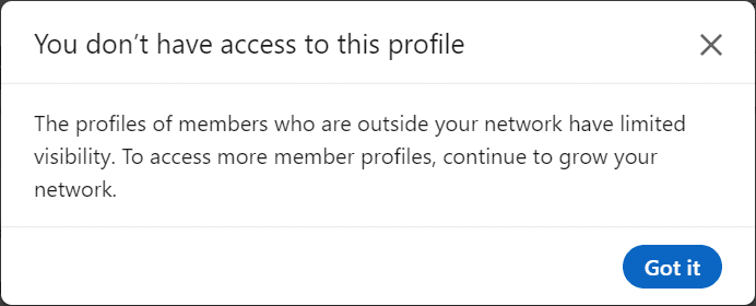 Image of Outside the Network alert on LinkedIn