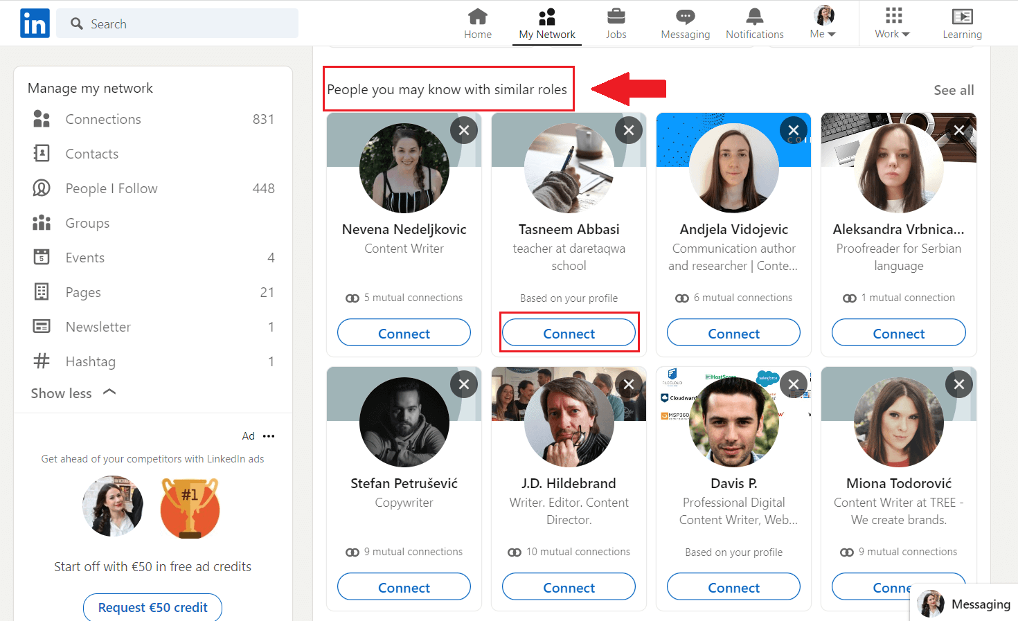 Image describing how to connect with someone on LinkedIn, with people you may know section