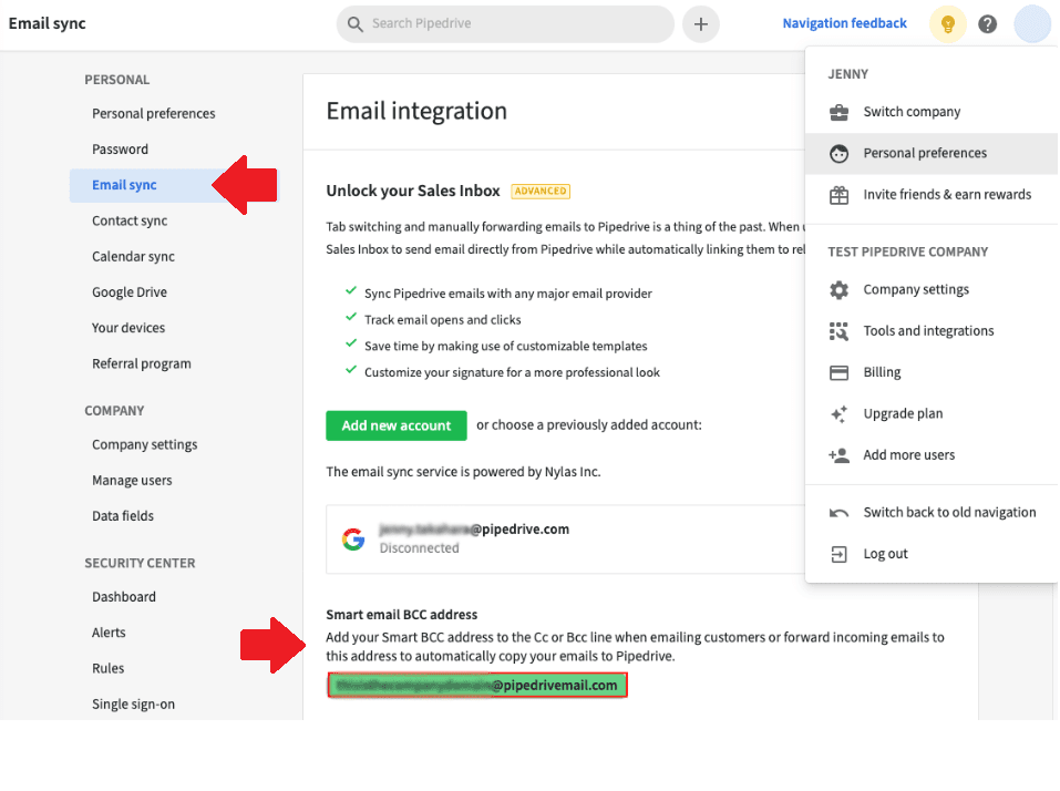 Image of Pipedrive's email integration with BCC option and email