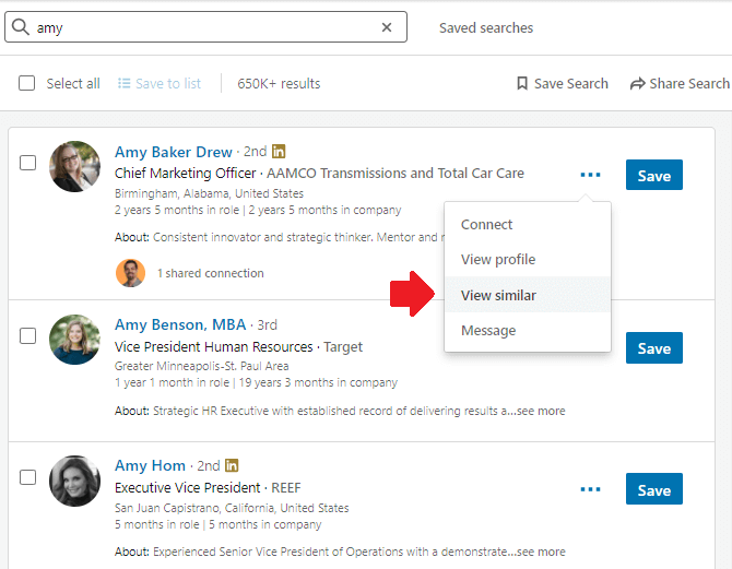 Using B2B buyer persona in sales lead generation, image of finding similar leads, Sales Navigator ''View Similar" option