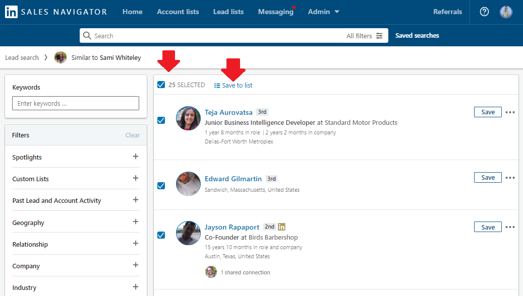 Image of how to save similar leads to lead list in Sales Navigator, using ICP for lead generation