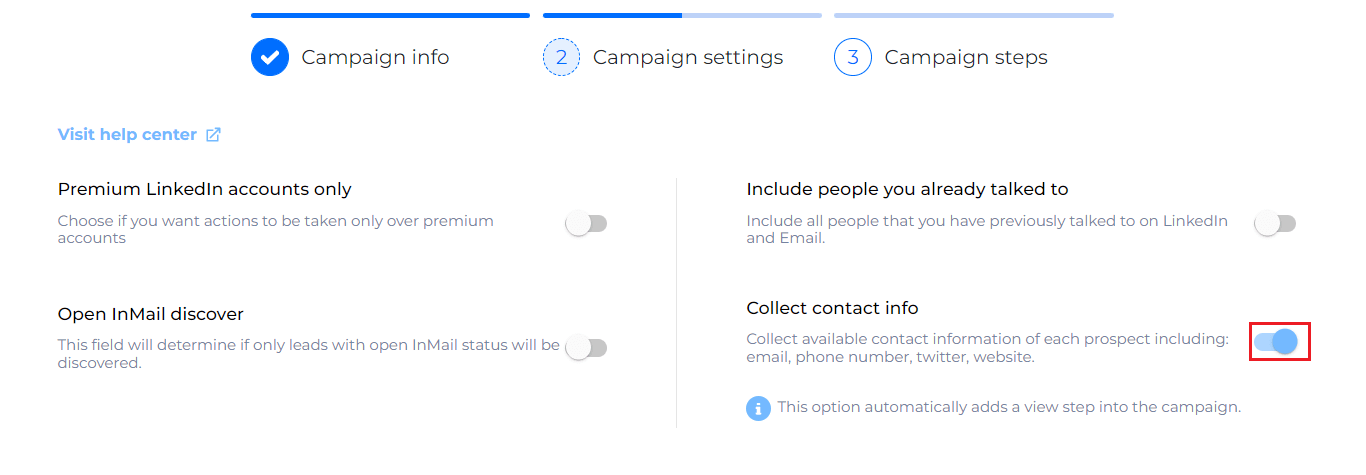 Image of Skylead campaign settings to create an outreach campaign for those who you wish to connect to on LinkedIn