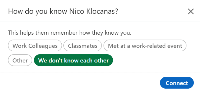 Image of "we don't know each other" option when connecting with someone on LinkedIn