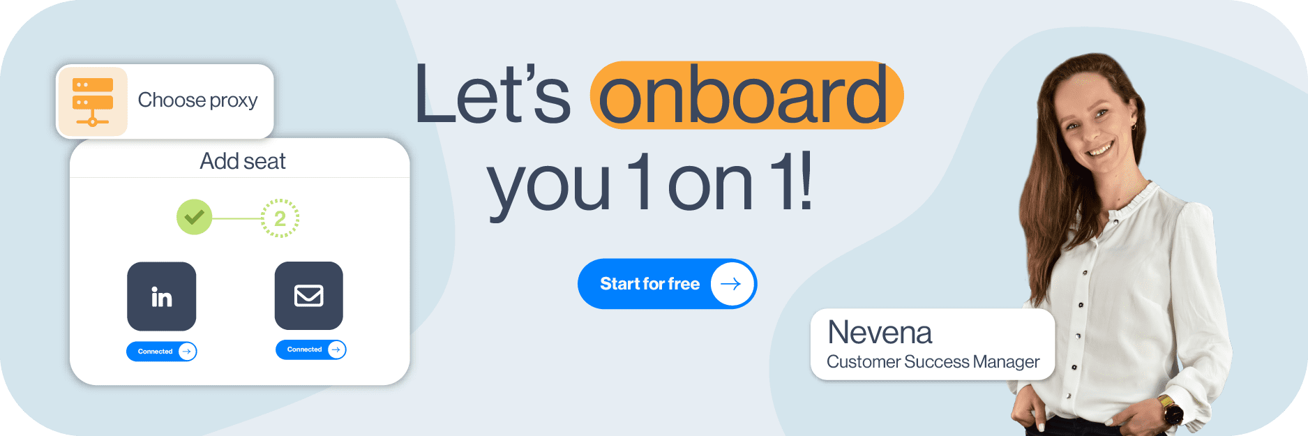 Image of Free Trial CTA banner with Skylead's Customer Success Manager, Nevena and text "Let's onboard you 1 on 1!"