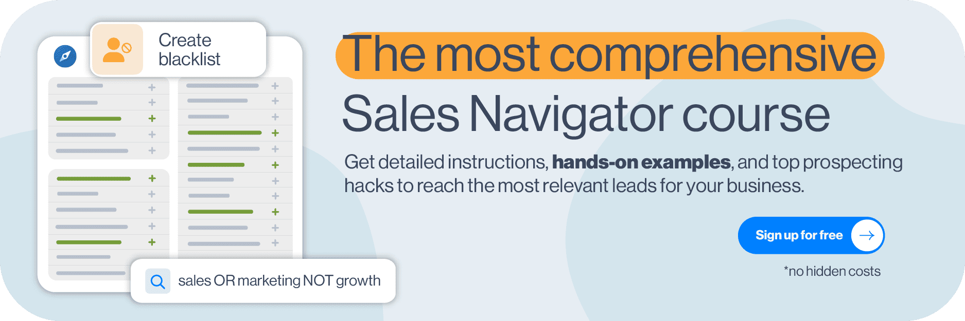 Sales Navigator masterclass banner with targeting options and Boolean search query