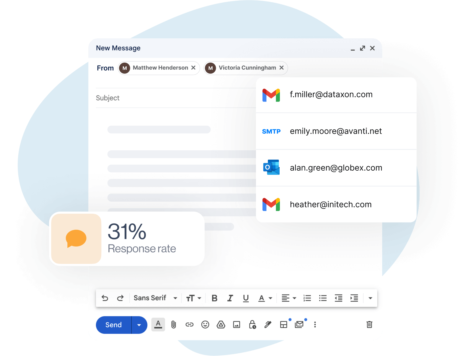 Image of email mockup with emails from different providers users can add and use for inbox rotation and a card with 31% response rate