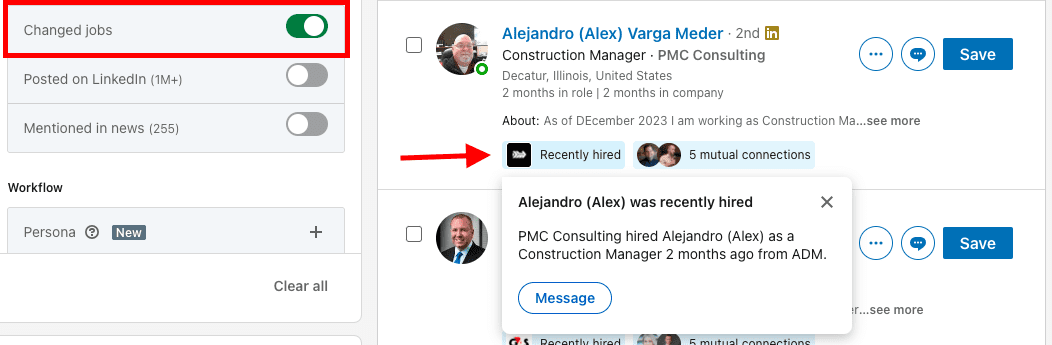Changed jobs Sales Navigator filter, recently hired