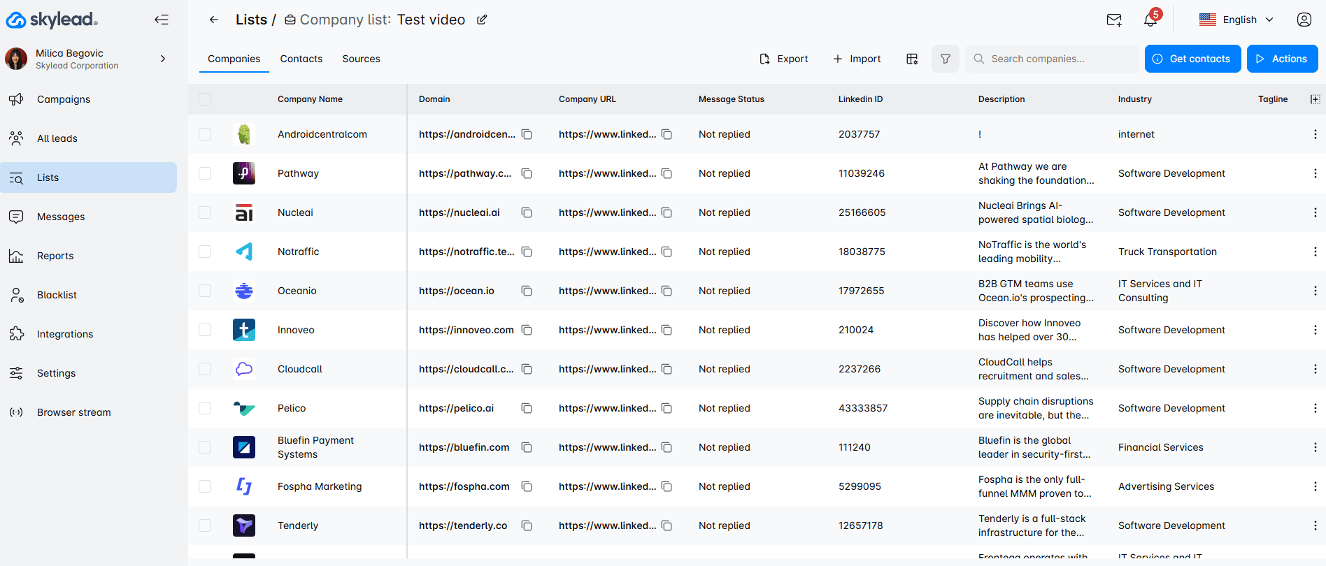 Skylead's company list imported from Sales Navigator filters results