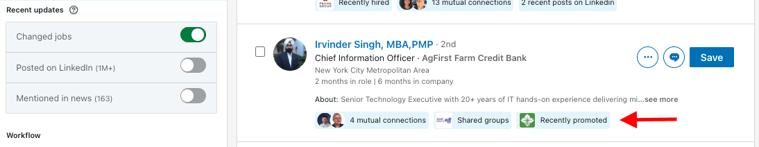 Changed jobs Sales Navigator filter, recently promoted