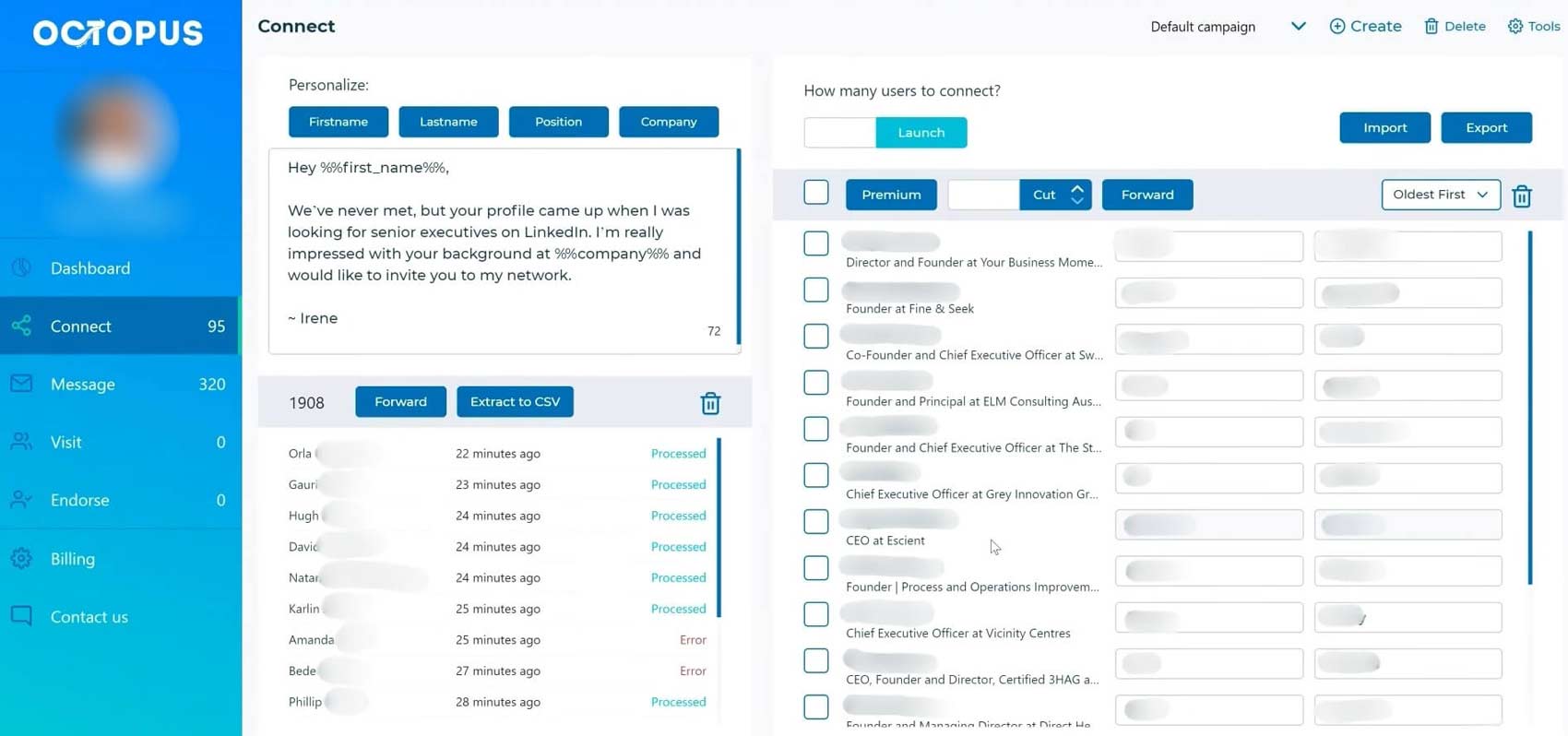 Image of Octopus CRM dashboard, one of LinkedIn automation tools