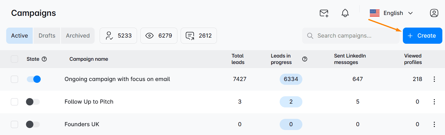 Create campaign button in Skylead