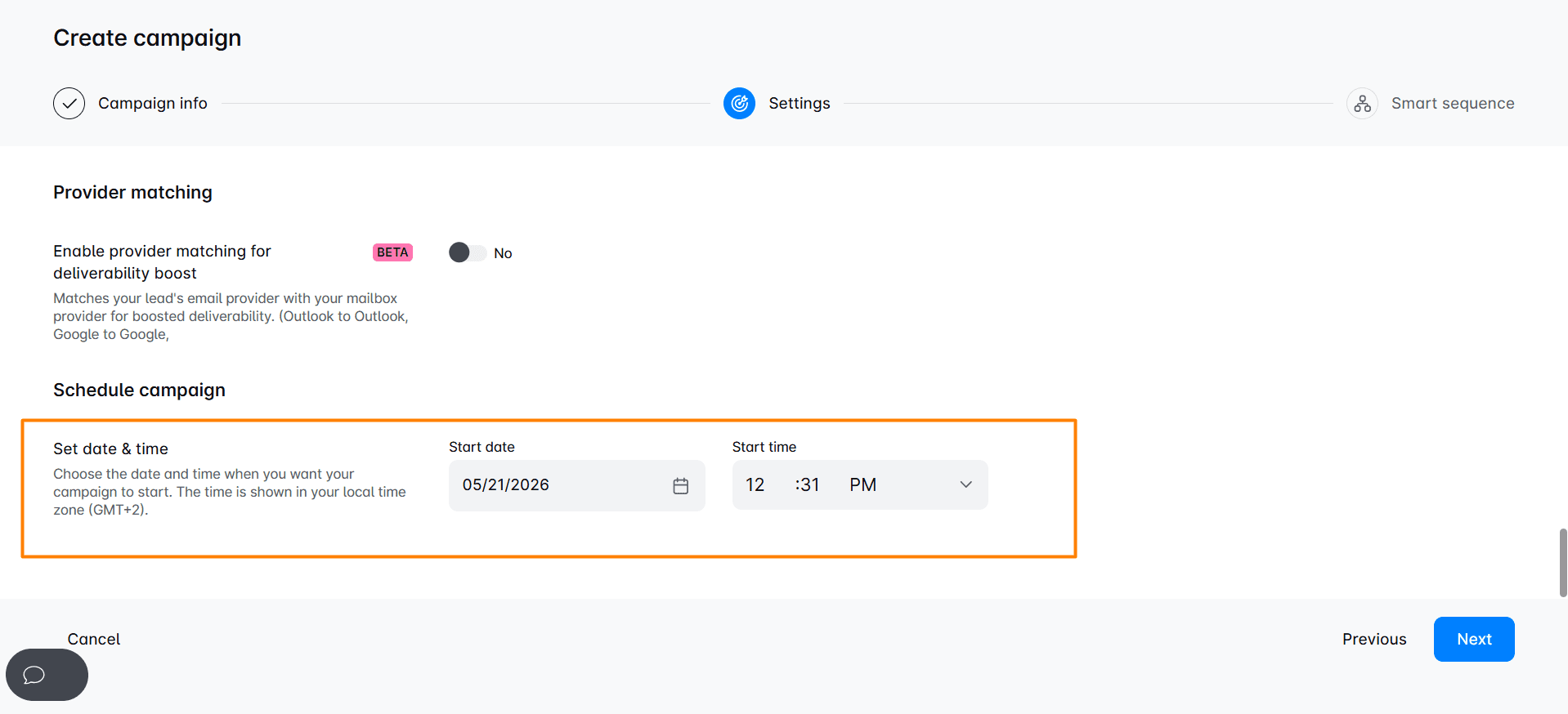 Setting the start data for an outreach campaign in Skylead