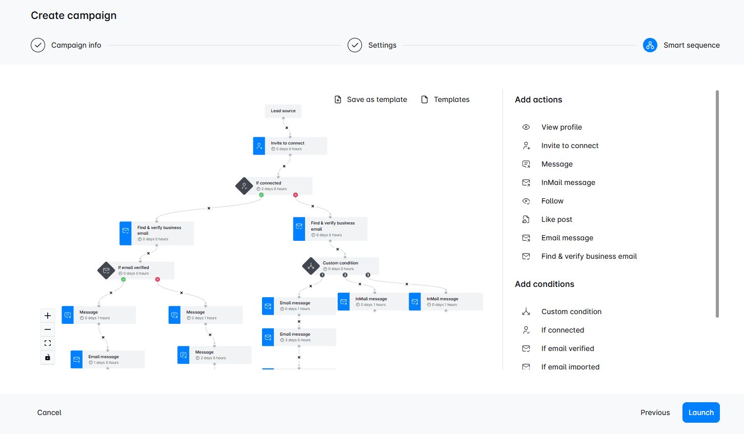 Outreach sequence with steps and conditions, step 2 