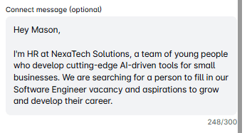 LinkedIn connection message example a recruiter working in a startup can send to a potential employee