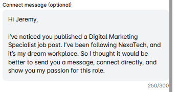 LinkedIn cold message inviting a recruiter to connect