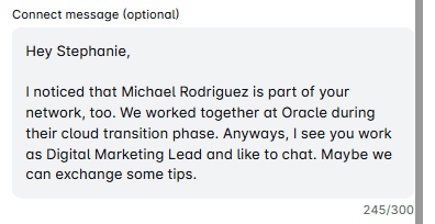 LinkedIn cold message example mentioning a shared connection