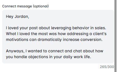 LinkedIn connection message example that compliments the lead