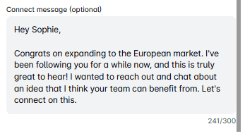 LinkedIn connection message example mentioning company news