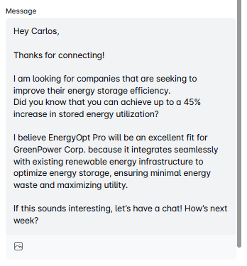 LinkedIn cold message example when pitching a product