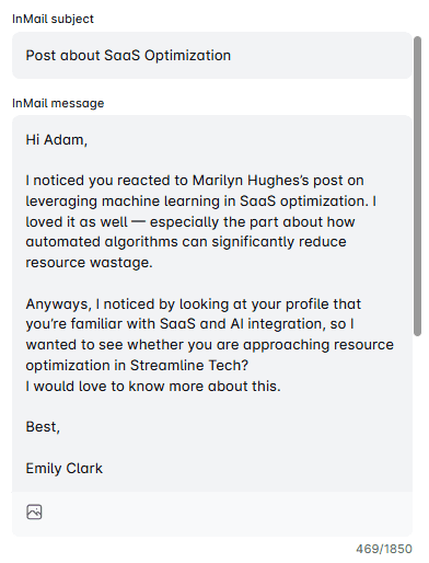 LinkedIn inMail example for leveraging things you have in common with leads